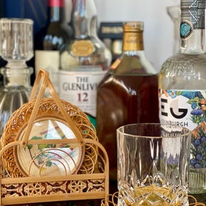 Vintage Wicker Coaster Set with Holder - Exotic Tropical Style