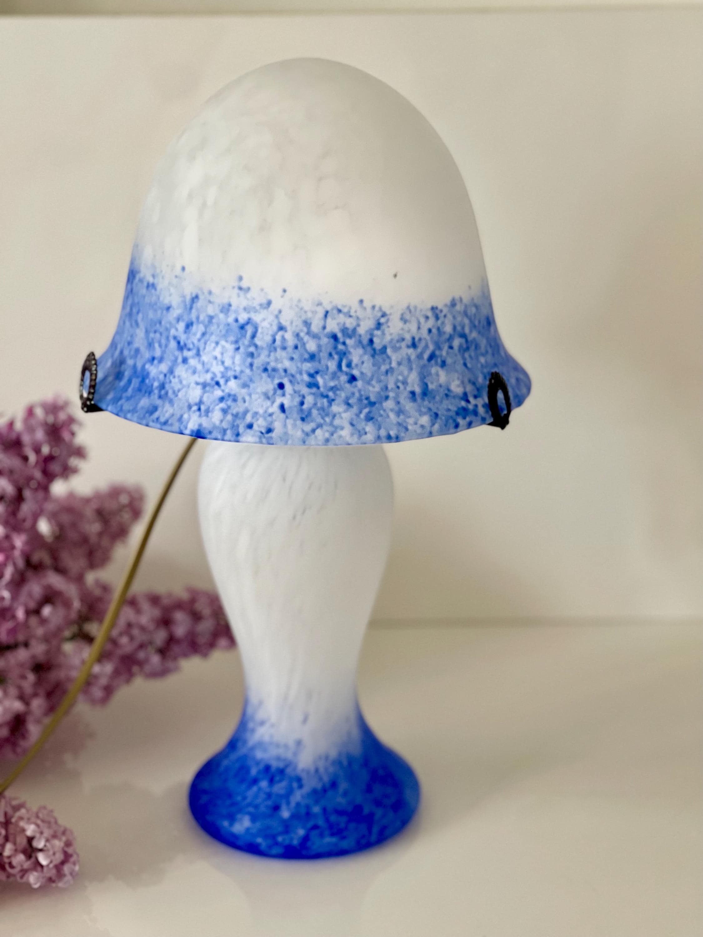 Lampe Champignon Vintage En Pâte De Verre - Bleu Et Blanc Double Éclairage Très Bon État