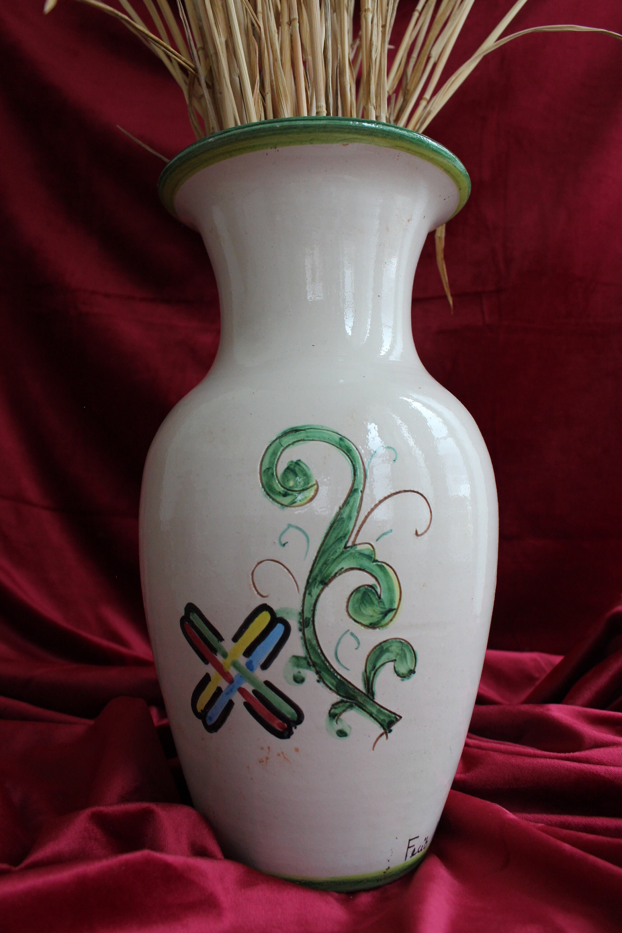 大きなデルータ陶器の花瓶 – カラフルな鳥の装飾 – イタリア製