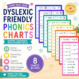 May include: A set of eight colorful phonics charts with text reading Dyslexic Friendly Phonics Charts, Learn. Read. Grow., Support Confidence. Build Reading Skills., and 8 Charts Included. Each chart features letter combinations, words, and small icons.