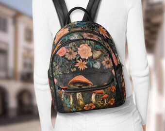 Mini-Rucksack aus veganem Leder mit Blumen- und Pilzdruck, stilvolle Punk-Tasche, einzigartiger Reise-Tagesrucksack, Geschenkidee für Gartenliebhaber