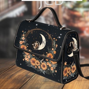 Crescent Moon Phases Witchy Water Proof Canvas Vegan Leather Shoulder Bag, Witchy Mystical Floral Crossed Body Purse, Witch Goth Saddle Bag