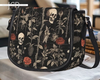 Bolso bandolera floral de calavera gótica, bolso satchel para mujer, bolso de hombro gótico único, regalo estético oscuro para ella, bolso de sillín de cuero vegano