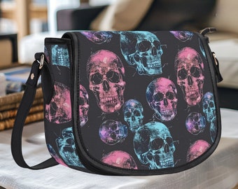 Neon Skull Print Crossbody Tas, Saddle Messenger Schoudertas, Funky Goth Cadeau Idee, Unieke Dames Vegan Lederen Accessoire