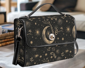 Cartable sorcière lune céleste et étoiles - sac à bandoulière en cuir végétalien, sac à main mystique, sac à main floral unique cadeau pour elle