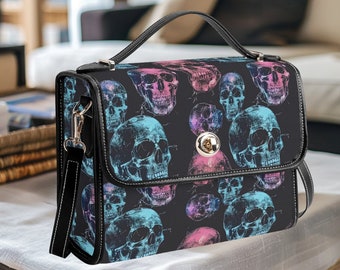 Neon Skull Print Satchel Purse, Gothic Schoudertas, Ideaal uniek cadeau, Modeaccessoire voor Goth-liefhebbers, Cool Cute Crossbody Bag