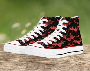 Red Bat Women's High Top Canvas Shoes, Gift for Punk, Black Print Trendy Streetwear Style, Casual Comfort Footwear, Unique Design Sneakers