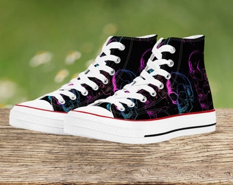 Dames punk rock hoge top canvas schoenen, punk gothic schedels ontwerp, unieke mode schoenen, duurzame zwarte sneakers, cadeau voor punk meisje