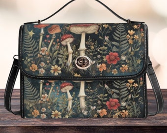 Mushroom Forest Floral Design Satchel, Crossbody Shoulder Bag, Cottagecore Purse Accessory, Unique Nature Inspired Gift for Her