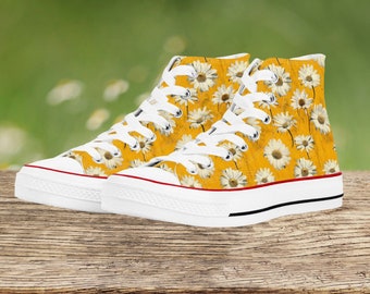 Damen Floral Gänseblümchen High Top Sneakers, Gelbe Gänseblümchen Print Canvas Schuhe, trendige Frühlingsschuhe, Muttertagsgeschenkidee für Sie