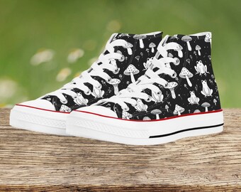 Women's High Top Canvas Shoes, Black with White Mushroom and Frog Print, Unique Gift for Her, Stylish Footwear, Comfortable Casual Sneakers