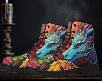 Women's Floral Dragon Combat Boots, Unique Artwork Design, Handcrafted Durable Footwear, Colorful Fashion Statement, Ladies Rave Boots