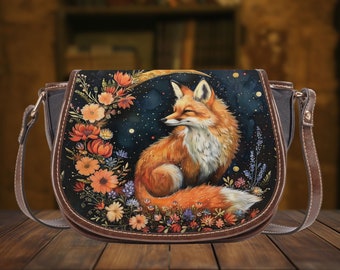 Fox and Floral Art Saddle Bag, Rare Unique Nature Purse Gift for Her, Vegan Leather Crossbody, Women's Fashion Shoulder Bag Accessory