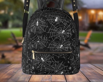 Mini Backpack with Spider Web Pattern, Chic Black Daypack, Gift for Gothic Style Lover, Unique Casual Backpack, Unisex Halloween Travel Bag