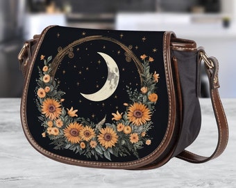 Crescent Moon Phases Witchy Vegan leather saddle bag, Witchy mystical floral crossed body purse women, witch goth bag, hippies boho gift