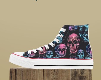 Women's High Top Canvas Shoes, Neon Gothic Skull Print, Durable Fashion Footwear, Unique Goth Style Gift Idea