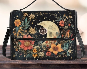 Floral Moon Crossbody Bag, Witchy Boho Satchel Portemonnee, Cottagecore Boho Handtas, Perfect Portemonnee Cadeau voor haar, Luna Flower Schoudertas