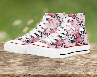 Dames punk hoge canvas schoenen, goth schedelprint, gotische punkstijl, modieuze streetwear, uniek cadeau-idee voor punkmeisje