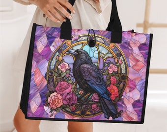 Gothic Stained Glass Raven Tote Bag, Premium Quality, Large Carryall, Unique Gift, Artisan Designed, Whimsigoth Elegant Fashion Accessory