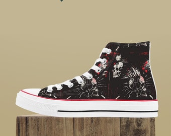 Women's High Top Punk Skull Design Canvas Shoes, Black Gothic Sneakers, Unique Goth Girl Street Footwear Gift for Her