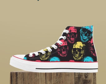 Dames schedelprint punk hoge top canvas schoenen, kleurrijke goth punk schoenen, uniek leuk cadeau voor haar, stijlvolle casual gotische sneakers