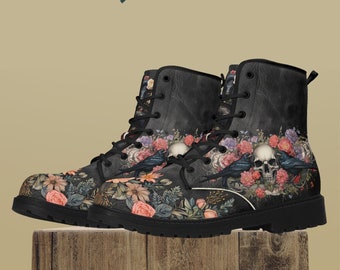 Floral Skull Raven Combat Boots for Women, Gothic Vegan Leather Lace-up, Fashionable Goth Rave Boots, Macabre Snake Roses Shoes Gift