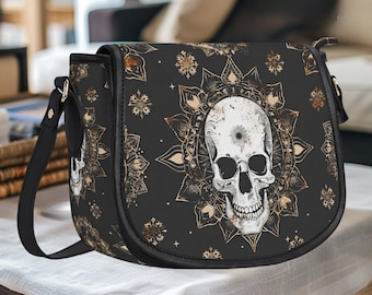 Gothic Skull Mandala Crossbody Bag, Shoulder Messenger Purse, Unique Saddle Bag, Black and Gold, Spooky Gift for Goth Girl, Punk Purse