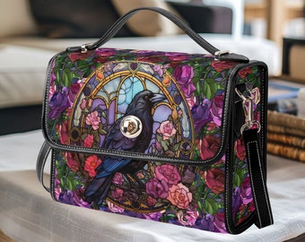 Gothic Raven Stained Glass Shoulder Bag, Unique Goth Purse, Floral Design, Dark Aesthetic Gift, Elegant Vegan Leather Handbag for Her