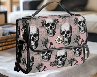 Monedero satchel con estampado de calavera gótica, bolso bandolera rosa y negro, regalo único para entusiastas de la moda gótica, estética de tibias cruzadas