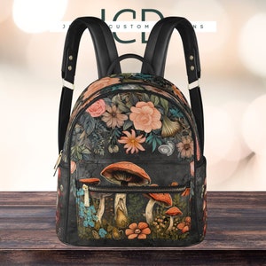 Mushroom Floral Mini Backpack, Black Vegan Leather PU Travel Backpack, Small Flower Grey Mini Bag Gift for Her, Cute Backpack, Casual Bag