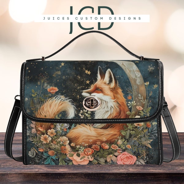 Enchanted Forest Fox Floral Moon Messenger Bag, Cottagecore Purse, Naturecore Handbag Gift for Her, Forestcore Animal Crossbody Satchel Bag