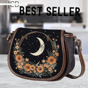 Crescent Moon Phases Witchy Vegan leather saddle bag, Witchy mystical floral crossed body purse women, witch goth bag, hippies boho gift