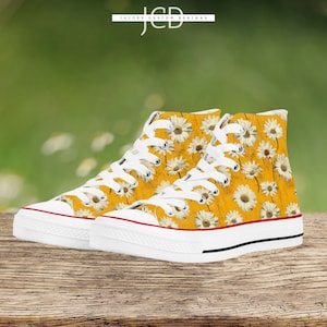 Women's Floral Daisies High Top Sneakers, Yellow Daisy Print Canvas Shoes, Trendy Spring Footwear, Mothers Day Gift Idea for Her