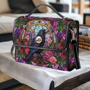 Gothic Raven Stained Glass Shoulder Bag, Unique Goth Purse, Floral Design, Dark Aesthetic Gift, Elegant Vegan Leather Handbag for Her