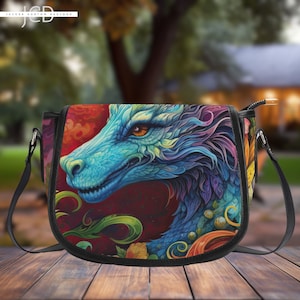 Colorful Dragon Art Crossbody Bag, Unique Fantasy Shoulder Satchel, Artistic Gift for Her, Trendy Messenger Purse for Daily Use, Fun Bag