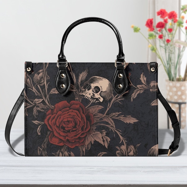 Gothic Skull and Rose Shoulder Bag, Unique Dark Floral Print Handbag, Fashionable Gift for Her, Vegan Leather Purse, Spooky Elegant Tote