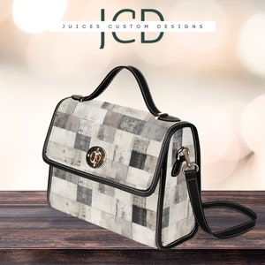 Trendy Square Pattern Vegan Leather Shoulder Handbag, Shades of Gray Crossbody Purse, Trending Woman’s Elegant Minimalistic Hand Bag Gift