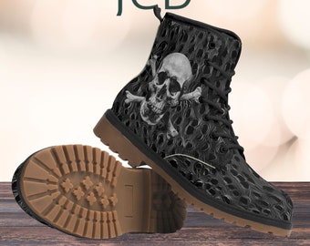 Gothic Skull Women's Combat Boots, Vegan Leather, Punk Style Goth Shoes, Unique Gift for Pirate Lover, Festival and Rave Wear