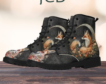 Women's Floral Fox Combat Boots, Unique Illustrated Lace-up Boots, Stylish Outdoor Footwear, Nature Inspired Gift for Her