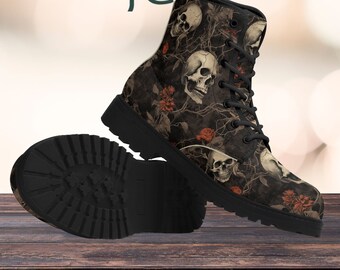 Women's Gothic Skull Floral Combat Boots, Lace-Up Ankle Booties, Comfortable Durable Designer Boots for Everyday Wear, Gift for Her