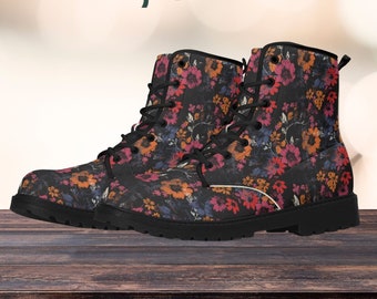 Vintage Distressed Floral Pattern Women's Combat Boots, Colorful Dark Cottagecore Fashion Ankle Boots, Gothic Stylish Winter Footwear Gift