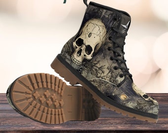 Women's Skull Print Combat Boots, Goth Punk Style Festival Footwear, Unique Rave Shoes, Perfect Gift Idea for Gothic Lover