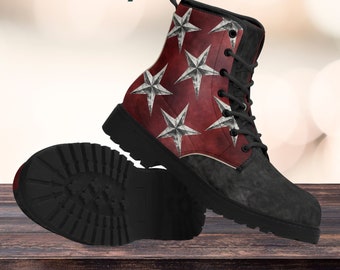 Women's Combat Boots, Red and Black Star Print, Stylish Durable Outdoor Footwear, Perfect Gift for Her, Unique Rare Gift for Punk