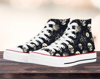 Witchy Gothic Skull Women's High Top Canvas Shoes, Goth Astrology Gift for Her, Girls Chucks, Casual Canvas Wicca Shoes, Converse Style Shoe