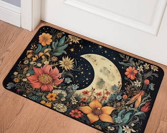 Floral Moon Night Sky Doormat, Celestial Crescent Moon Entry Rug, Vintage Aesthetic Botanical Front Door Mat, Unique Housewarming Gift