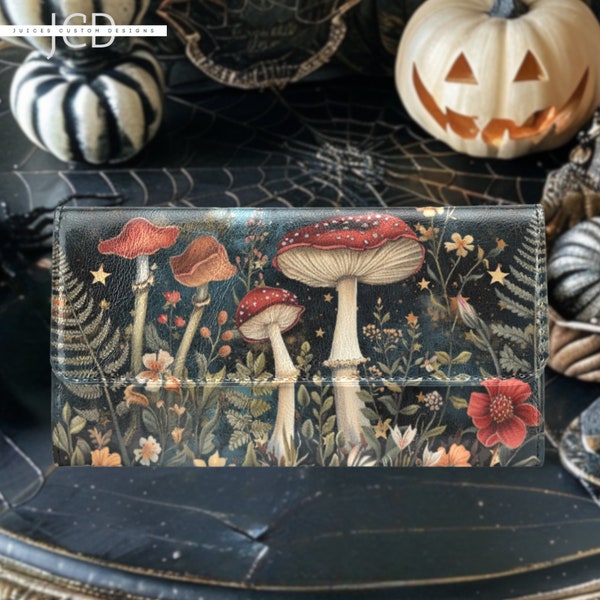 Mushroom Print Trifold Wallet, Women's Vegan Leather Clutch, Floral Forest Design, Unique Whimsical Cottagecore Gift Accessory for Her