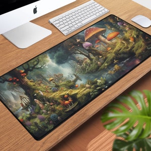Cute Forest Witch Mushroom Gnome Forager Desk Mat, XXL Boho Extended Mouse Pad, Extra Large Gaming Desk Pad, Nature Ergonomic Mouse Pad