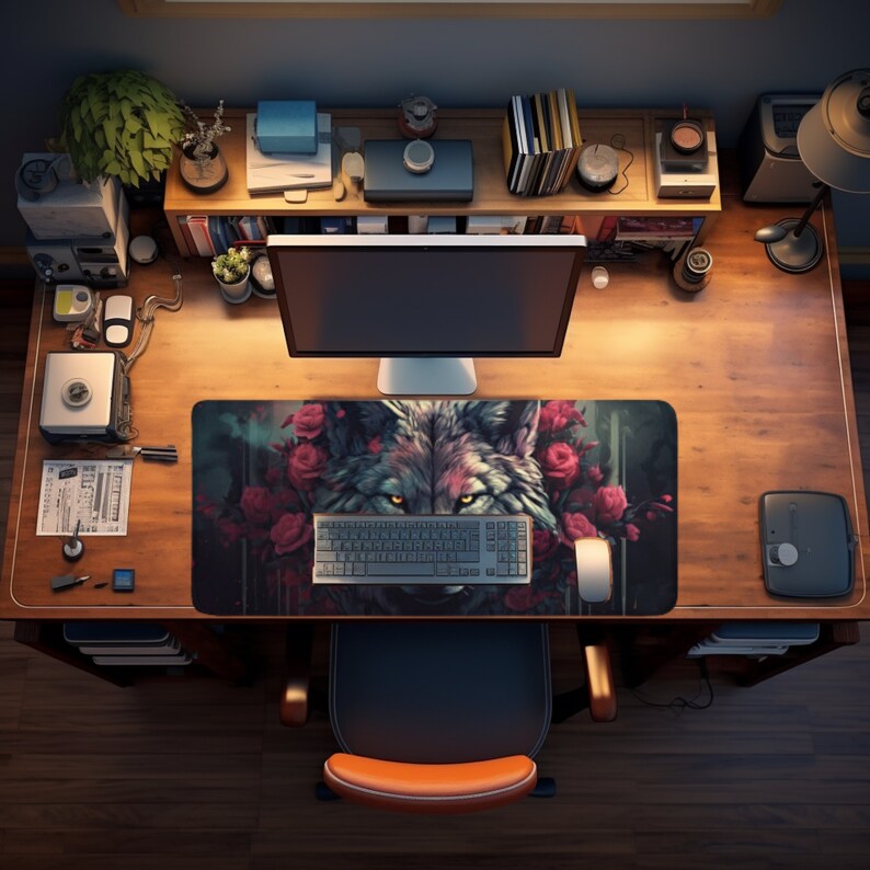 Floral Wolf Extended Desk Mat, Gothic Macabre Art Wildflower Gaming