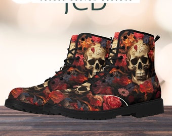 Women's Combat Boots Skull and Roses Print, Unique Floral Goth Shoes, Perfect Gothic Gift for Her, Durable Outdoor Festival Punk Footwear