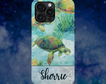 Sea Turtle iPhone Personalized Case, Custom Name iPhone Cover, Water Color Ocean Theme Phone Protector, Stylish Aquatic Life Accessory